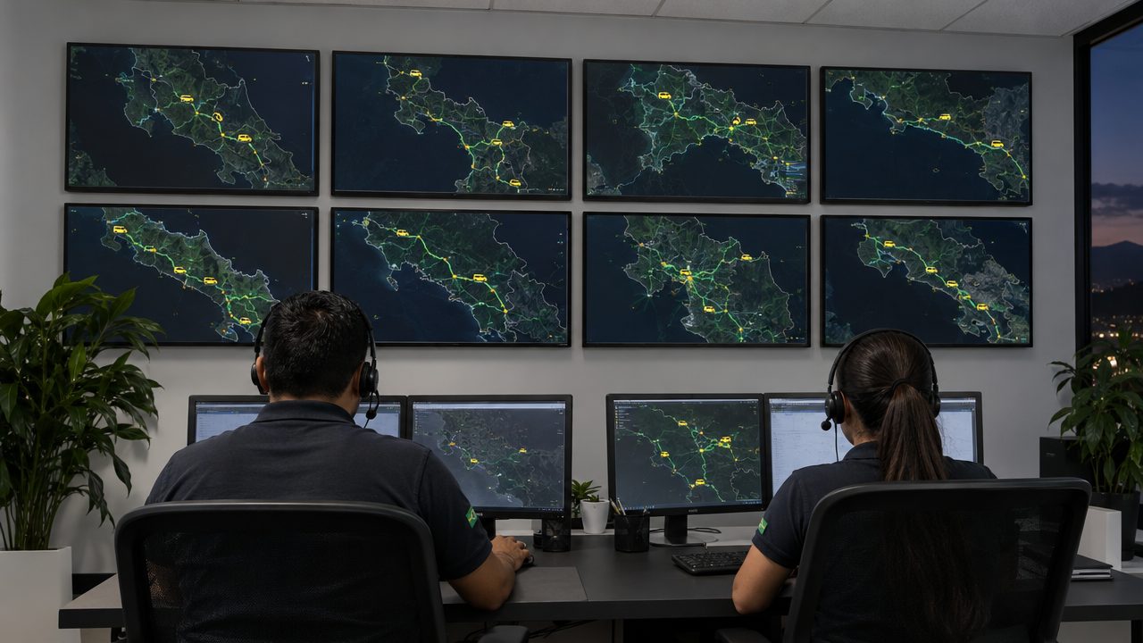Operadores del centro de monitoreo frente a la pared de pantallas con rutas GPS