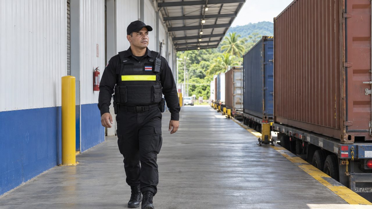 Oficial de seguridad revisando un camión en el portón de una bodega